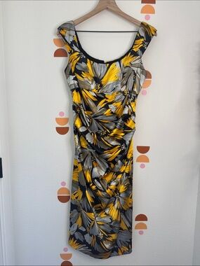 London Times Yellow & Gray Floral Midi Dress N0242